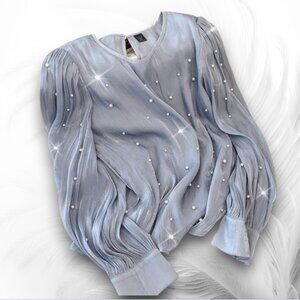 Light Blue Pearl Embellished Sheer Blouse – Long Sleeve Elegant Top